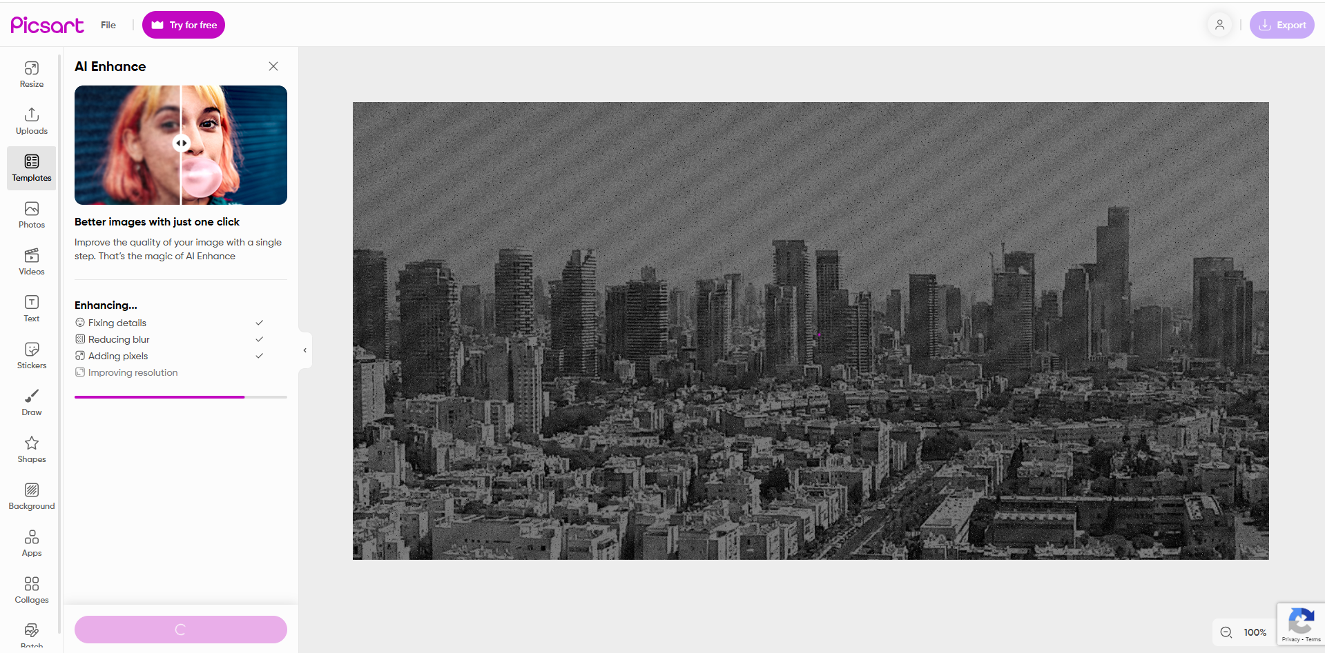 Picsart의 인터페이스 - 사진에서 곡물을 제거하는 최고의 온라인 도구