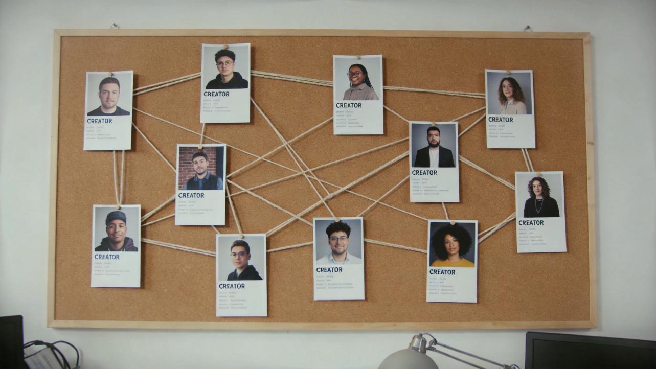 Polaroid creator cards linked by strings on a corkboard