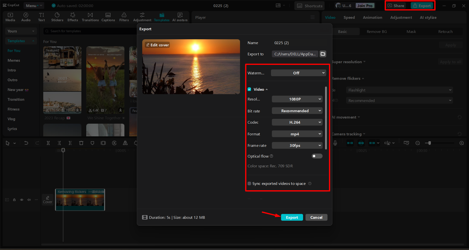 Exportul unui videoclip din editorul video CapCut desktop