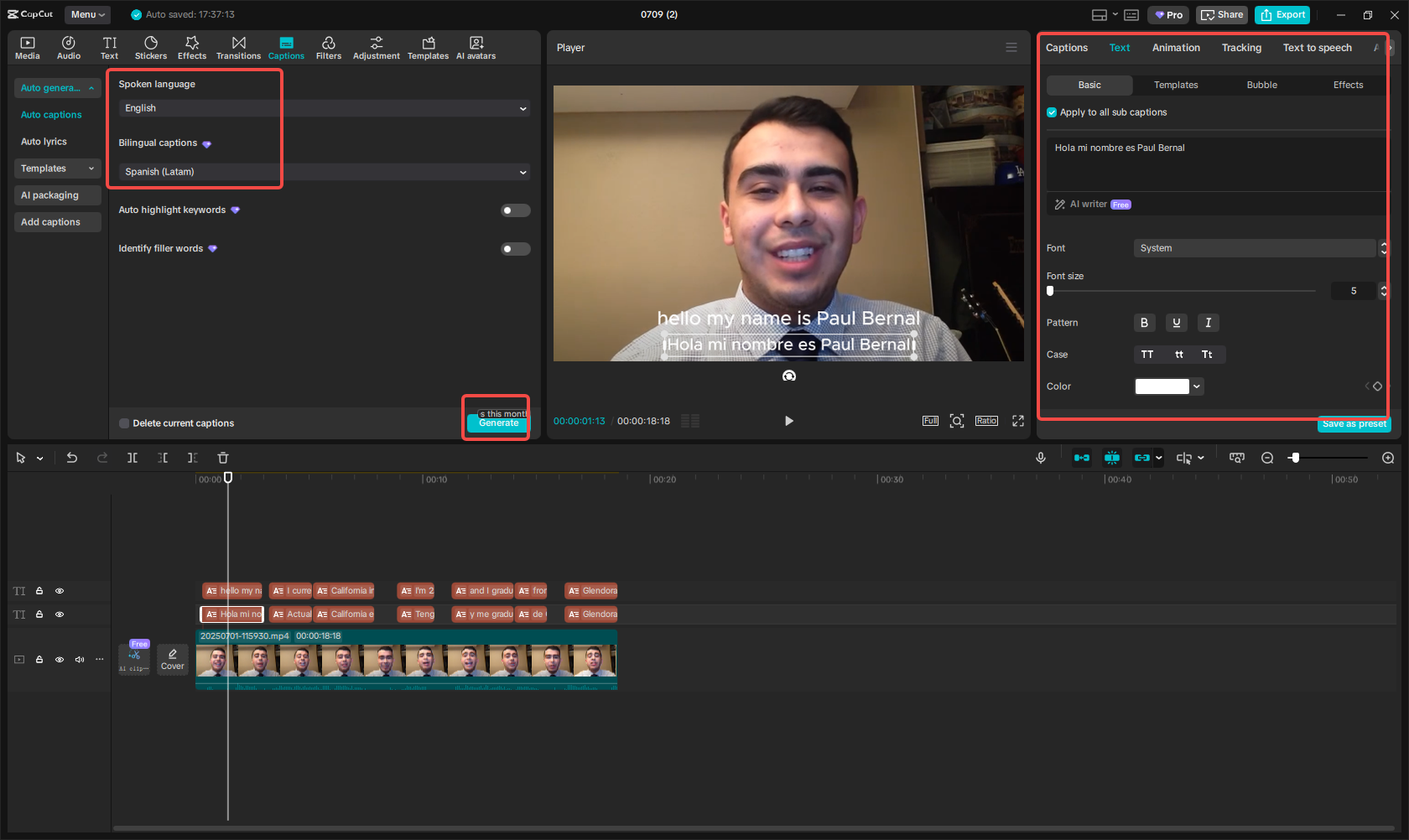 Generate English and Spanish captions