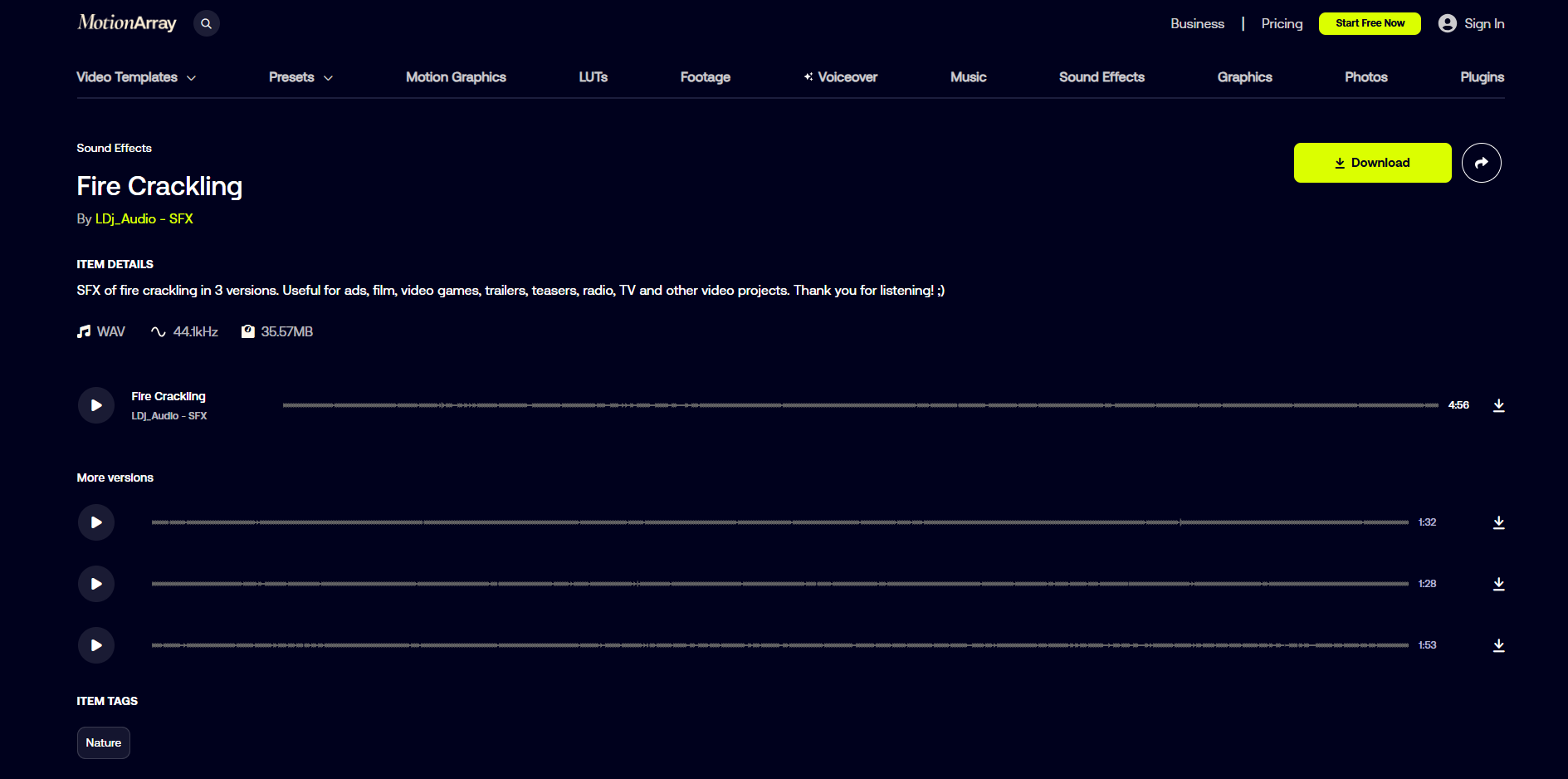 Interface of Motion Array - an ideal tool to get fire crackling sound effects