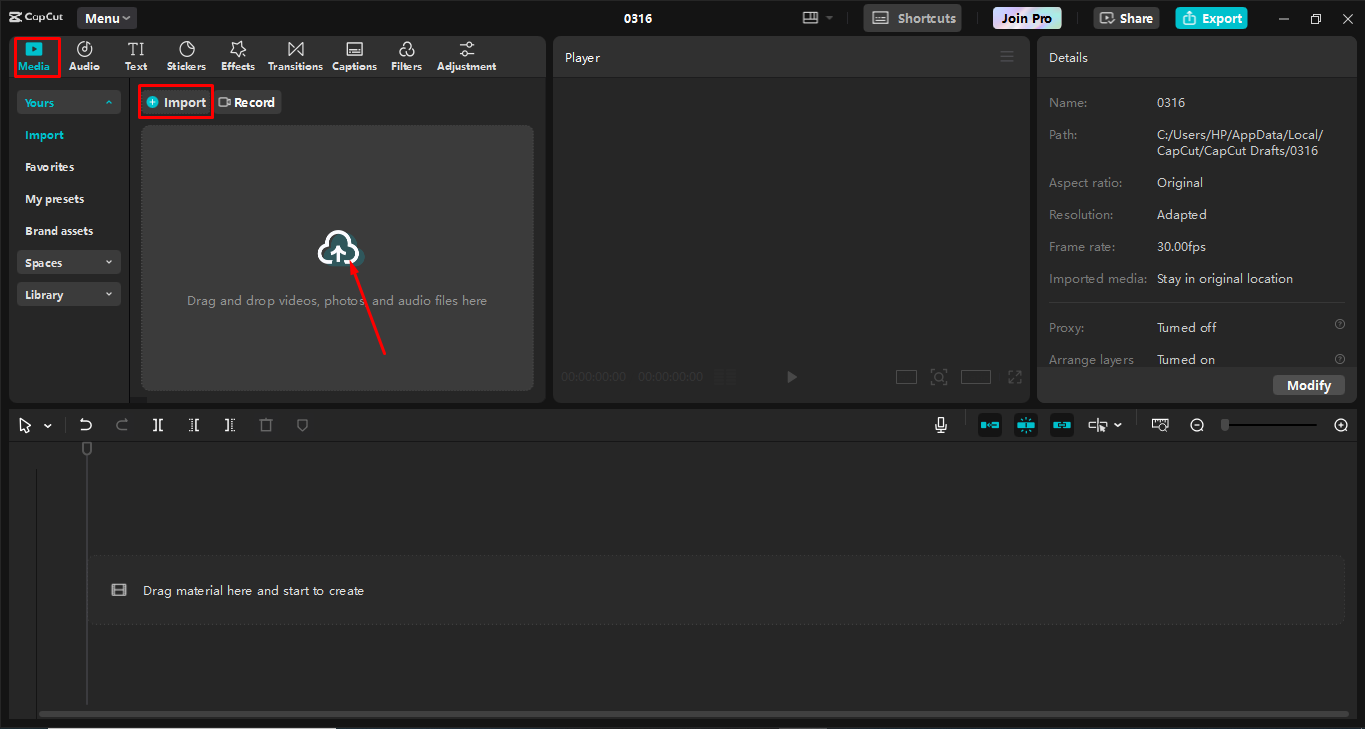 Importieren Sie Videos in die Bearbeitungsoberfläche CapCut Desktop-Video-Editors