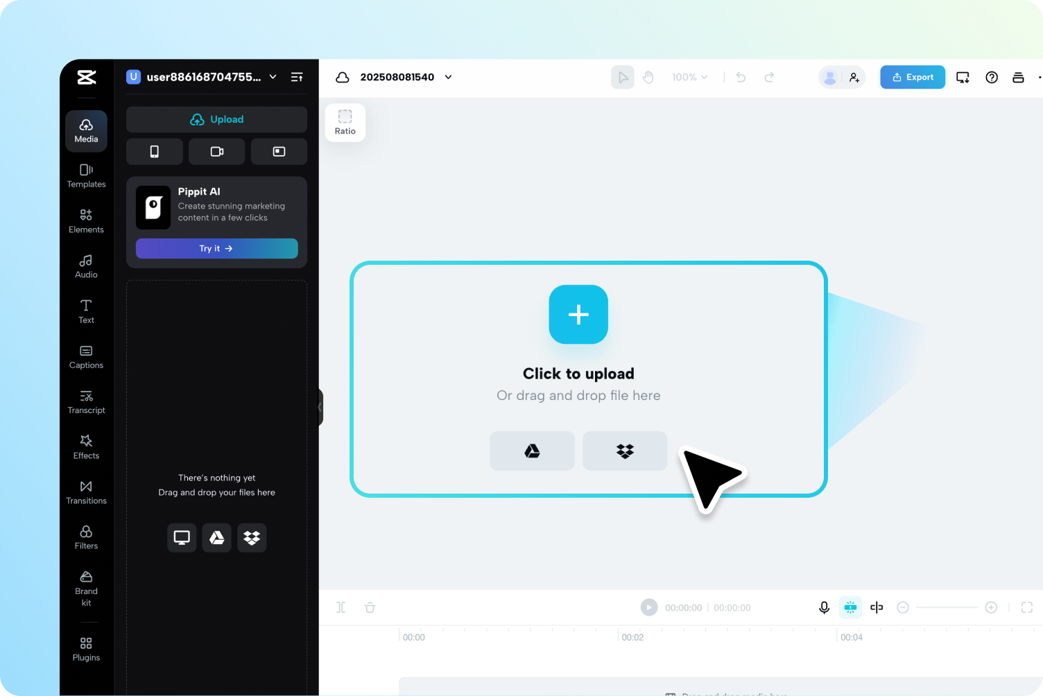 Uploading the video to CapCut Web's AI caption generator