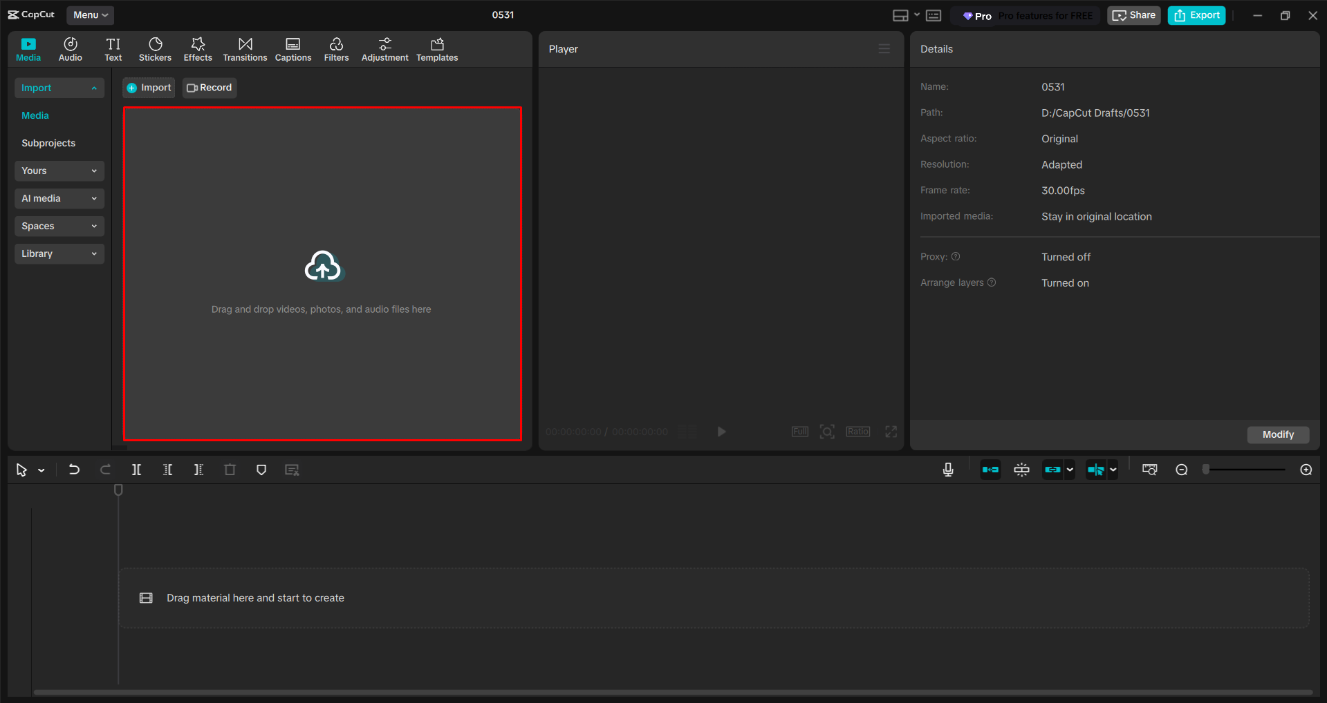 Importing a video into the CapCut desktop video editor