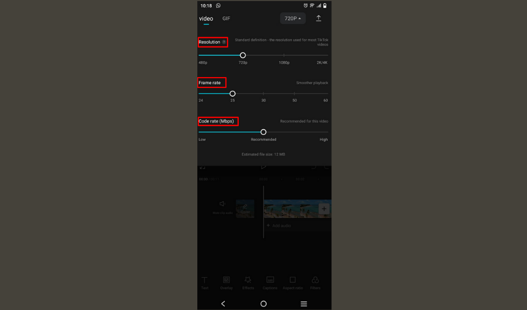 Mobile video editor showing resolution, frame rate, and code rate settings