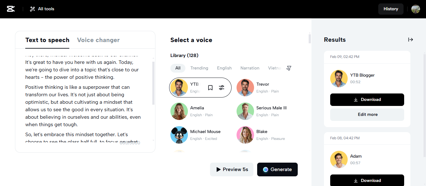 CapCut Web's text-to-speech interface