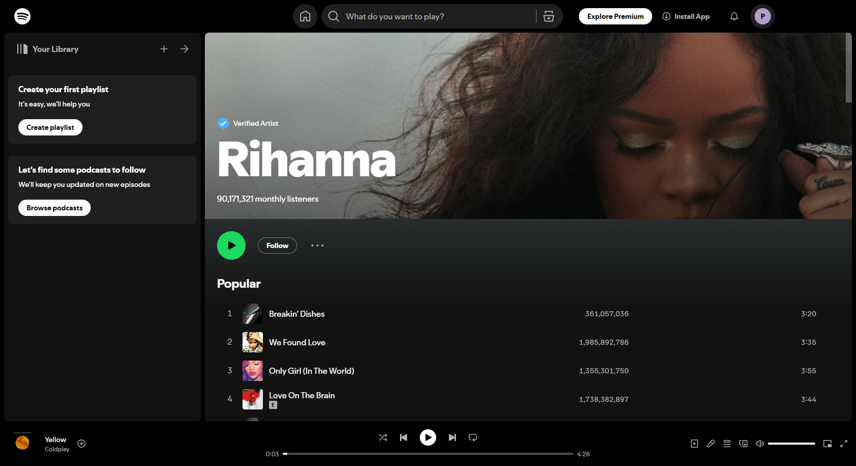 Interface Spotify de Rihanna