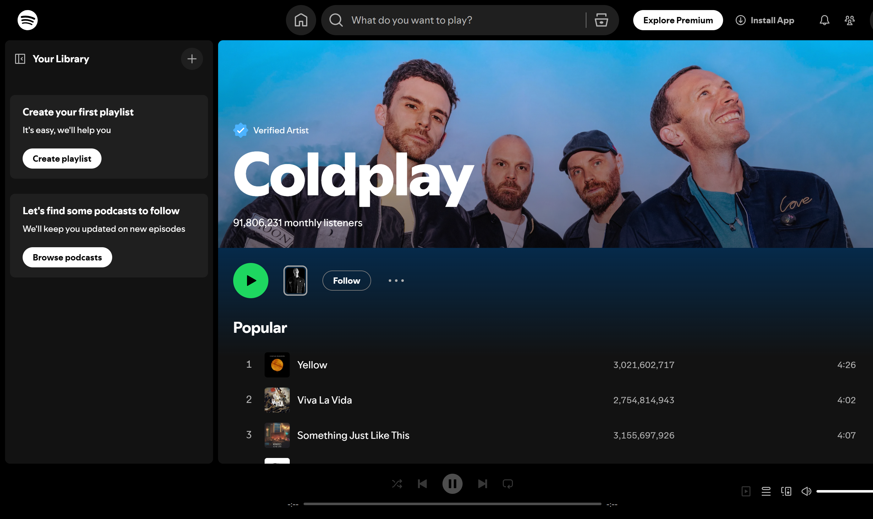 Coldplay—most listened to Spotify artists known for rock sound