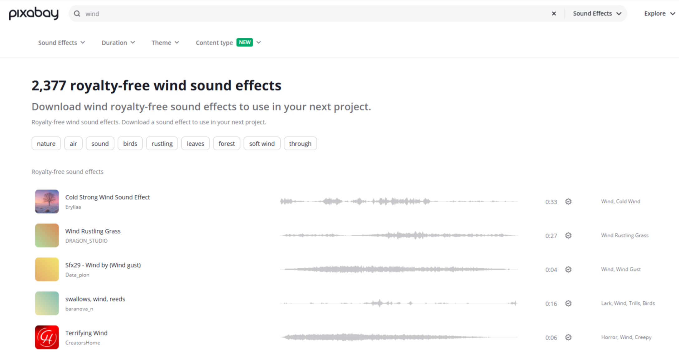 Interfaz de Pixabay: una forma rápida de obtener efectos de sonido de viento gratis