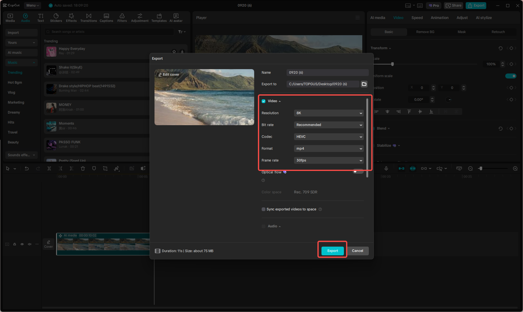 Exporting the video in CapCut