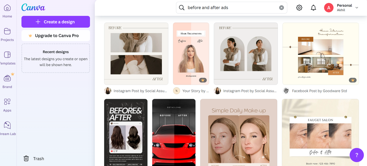 Canva's before and after ad templates