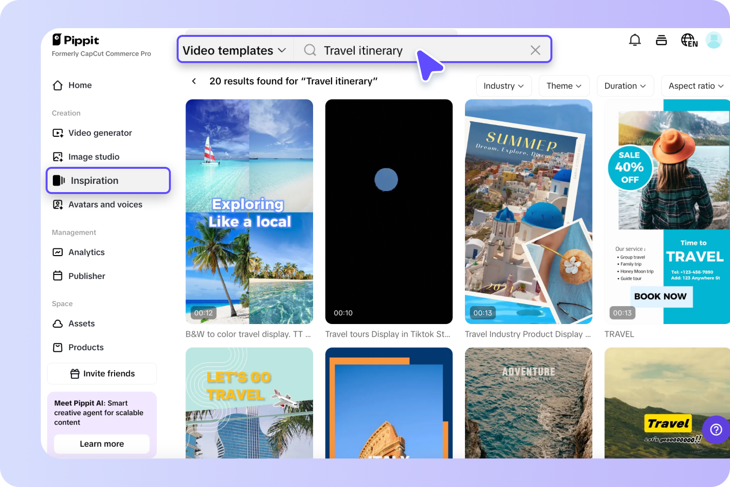 A digital screen displaying a large library of professional video templates to choose from.