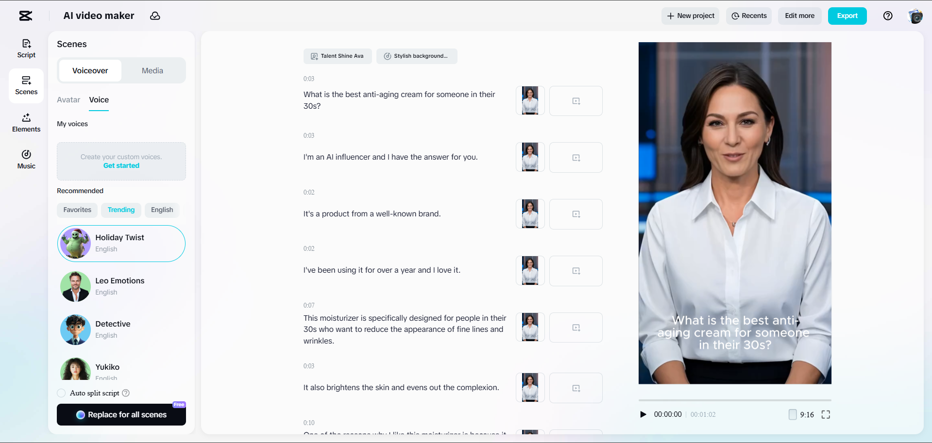 Interface de CapCut Web - uma maneira rápida de fazer IA influenciadores