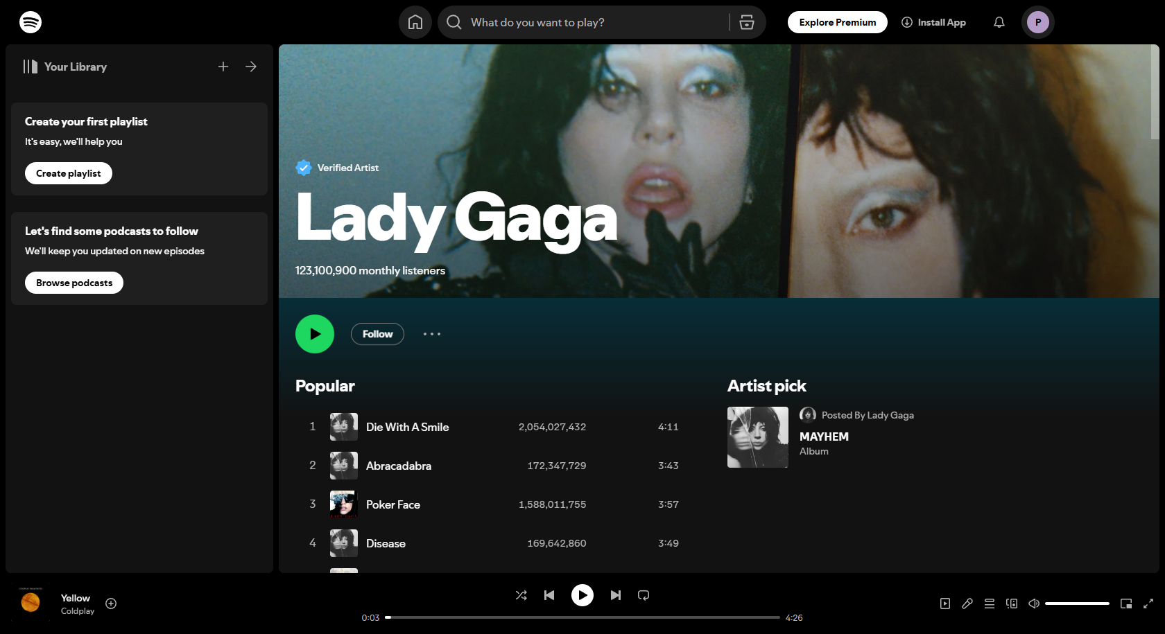 Interface Spotify de Lada Gaga