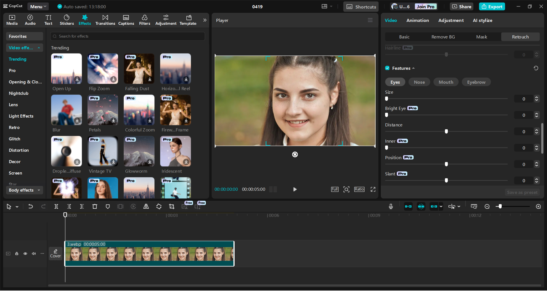Interface of the CapCut desktop video editor - the best face editor for videos