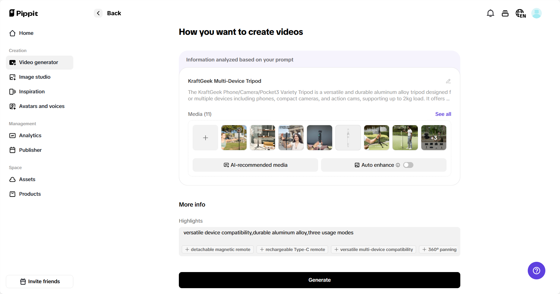 Advanced video generation settings in Pippit