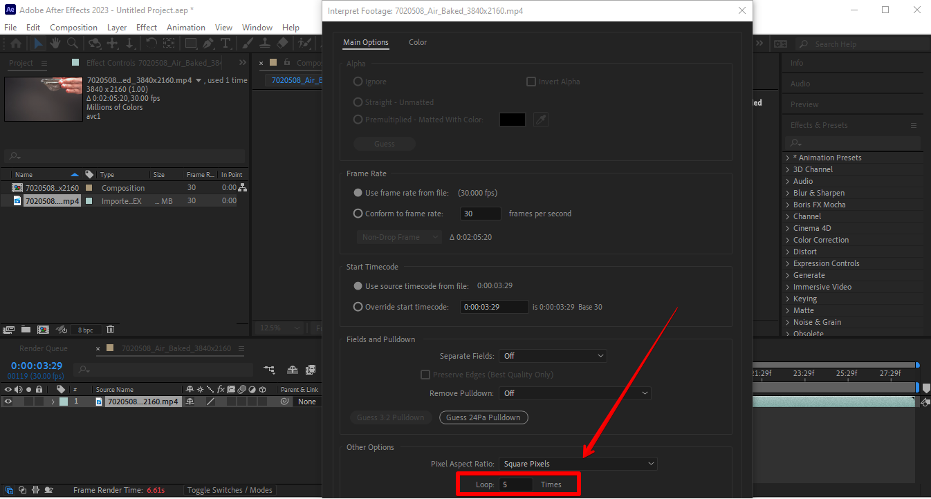Configuración de conteos de bucles en After Effects