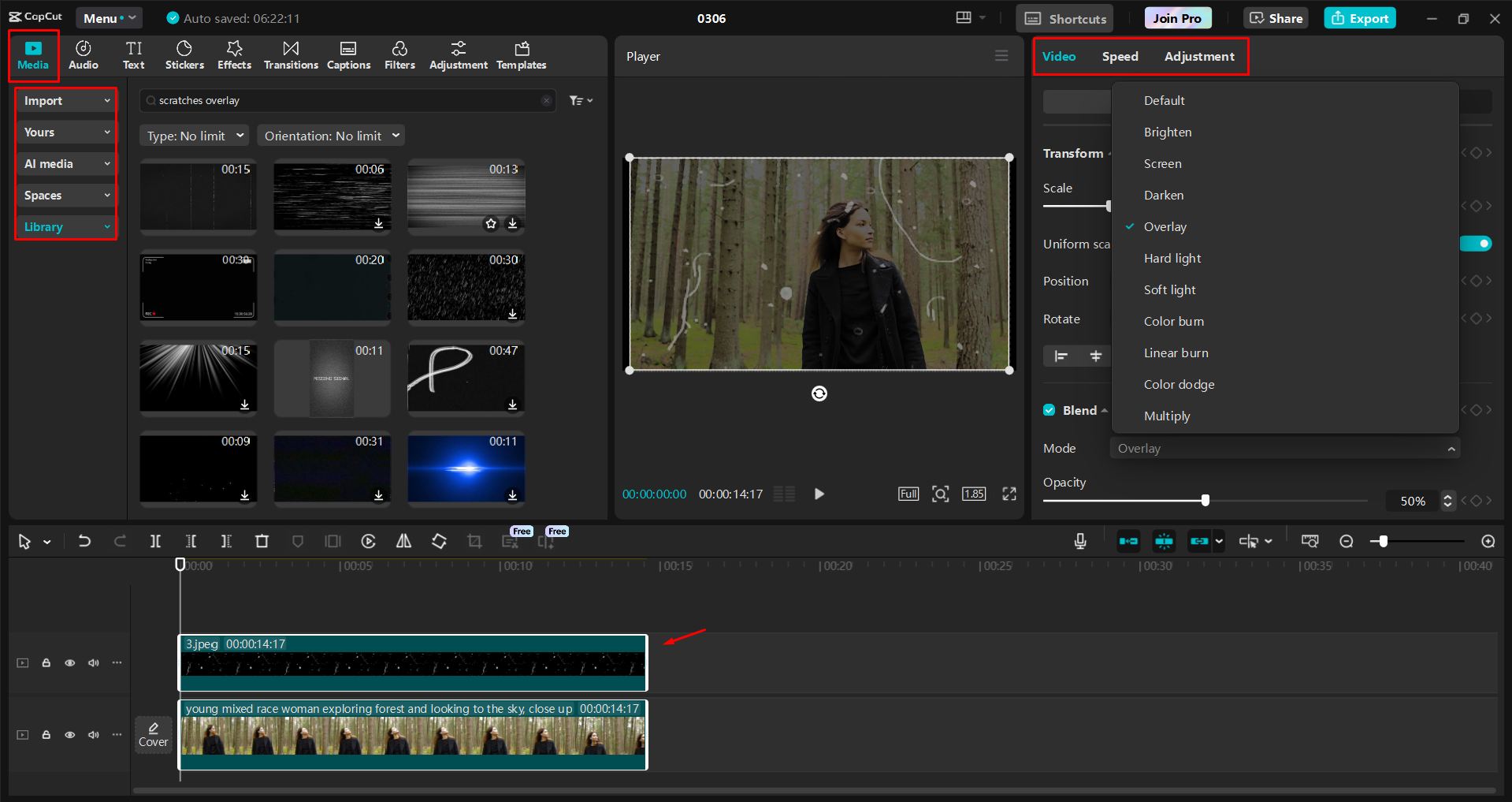Editar uma sobreposição de poeira e arranhão no editor de vídeo para desktop CapCut