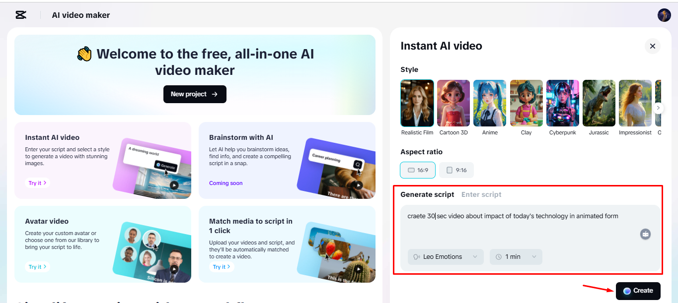 Gerar um script e criar um vídeo animado com o criador de IA vídeo do CapCut