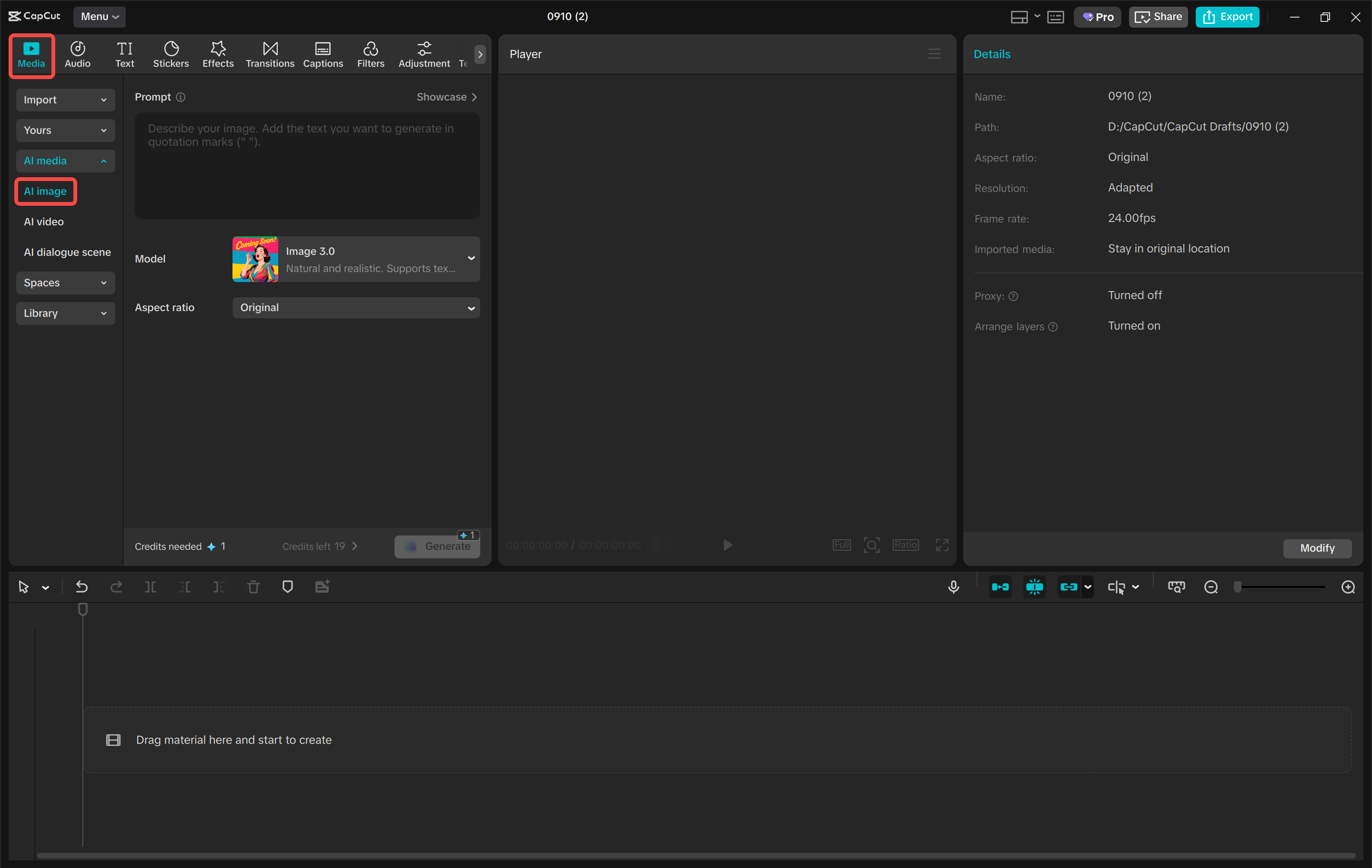 Accessing the AI image tool in CapCut