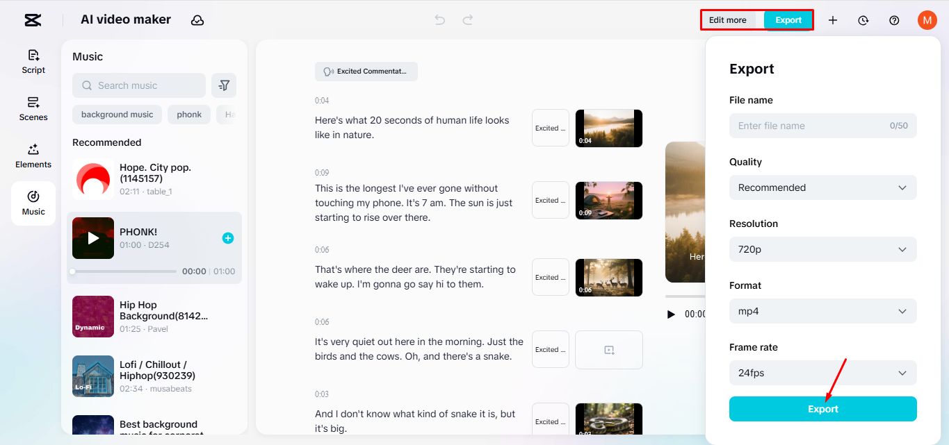Export finálního videa od CapCut AI video maker
