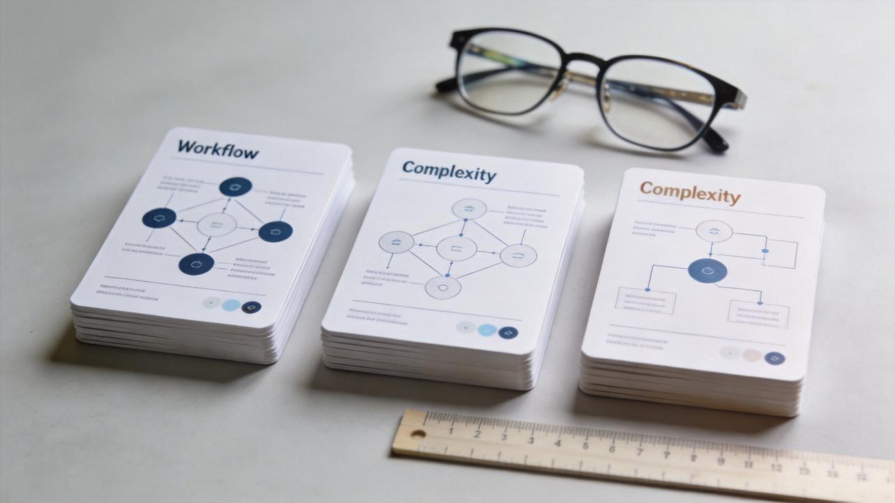 Three stacks of design cards on a desk, with glasses above and a ruler below