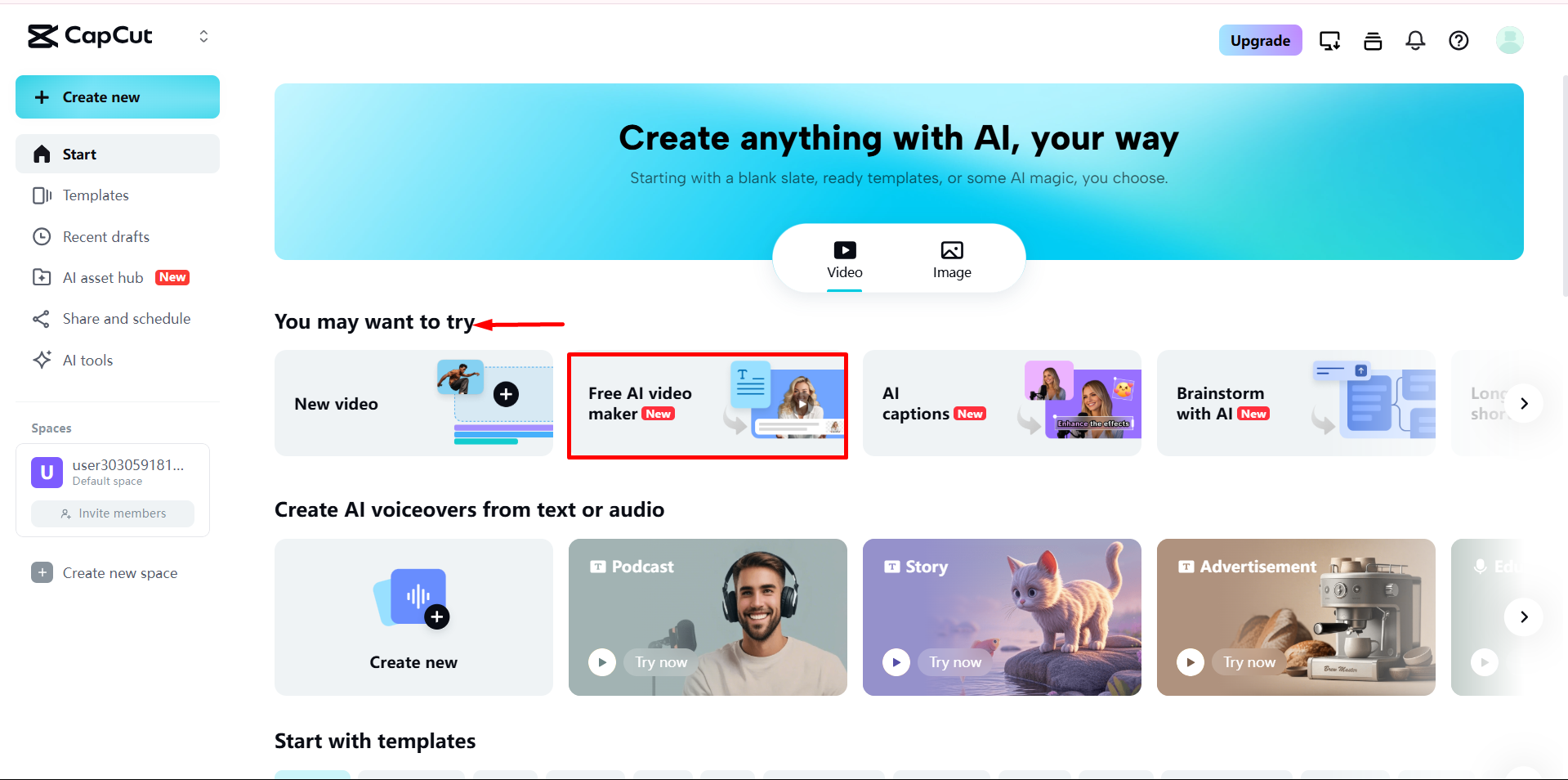 CapCut Web'de AI video oluşturucu aracına erişin