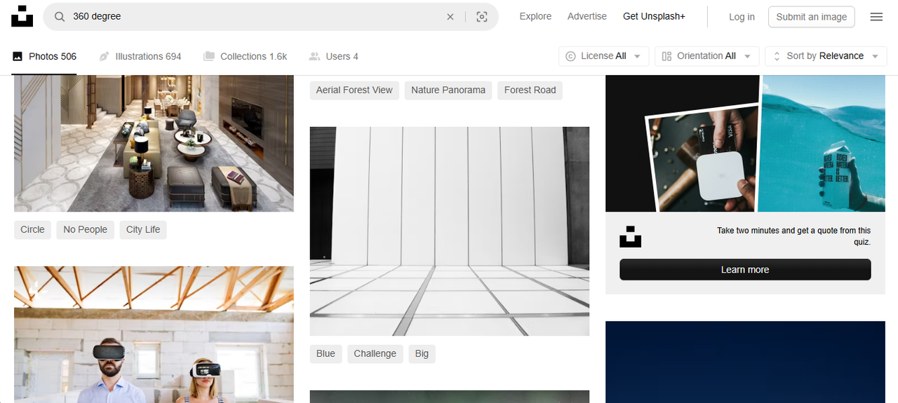 Interface de Unsplash - uma plataforma popular para fotos panorâmicas