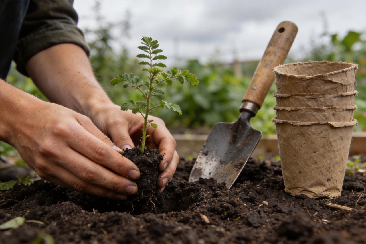 Hands planting a young seedling in soil beside a garden trowel and paper pots