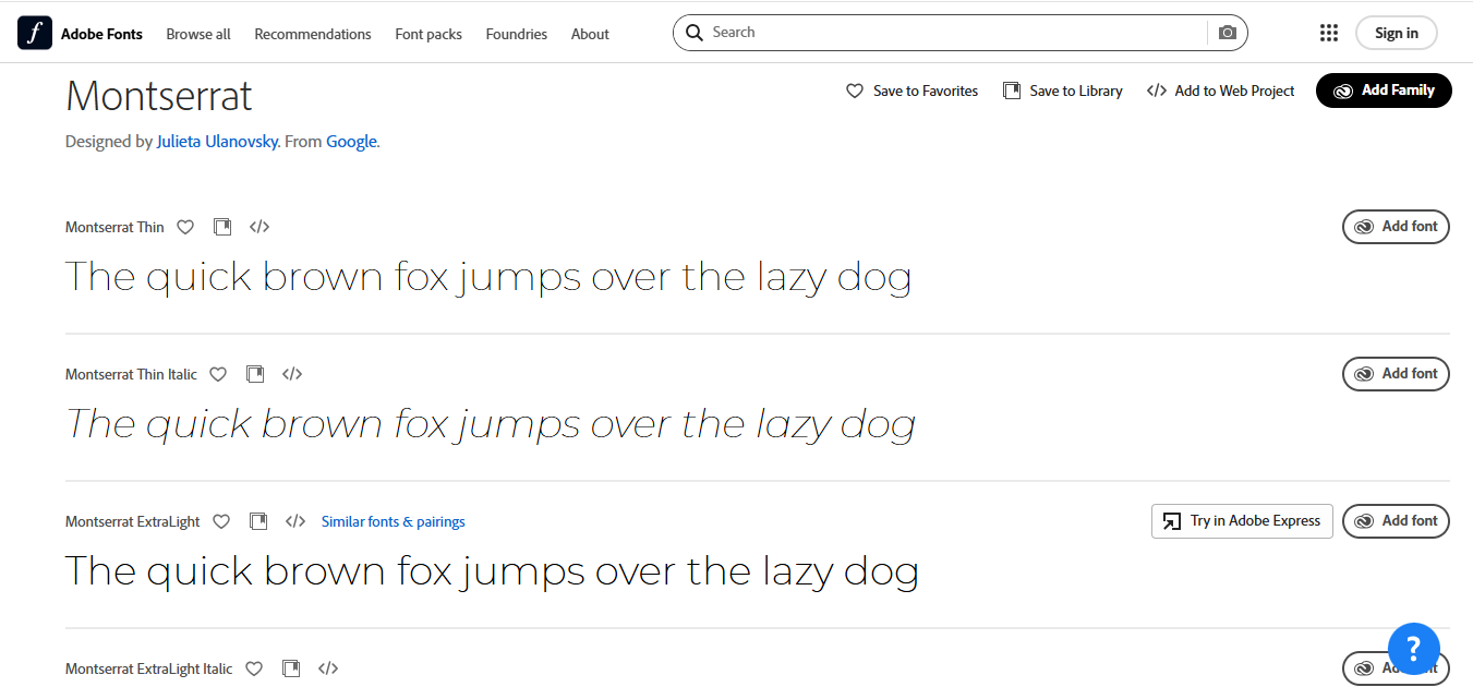 Interface of Adobe Fonts - a well-known platform to download the font Montserrat