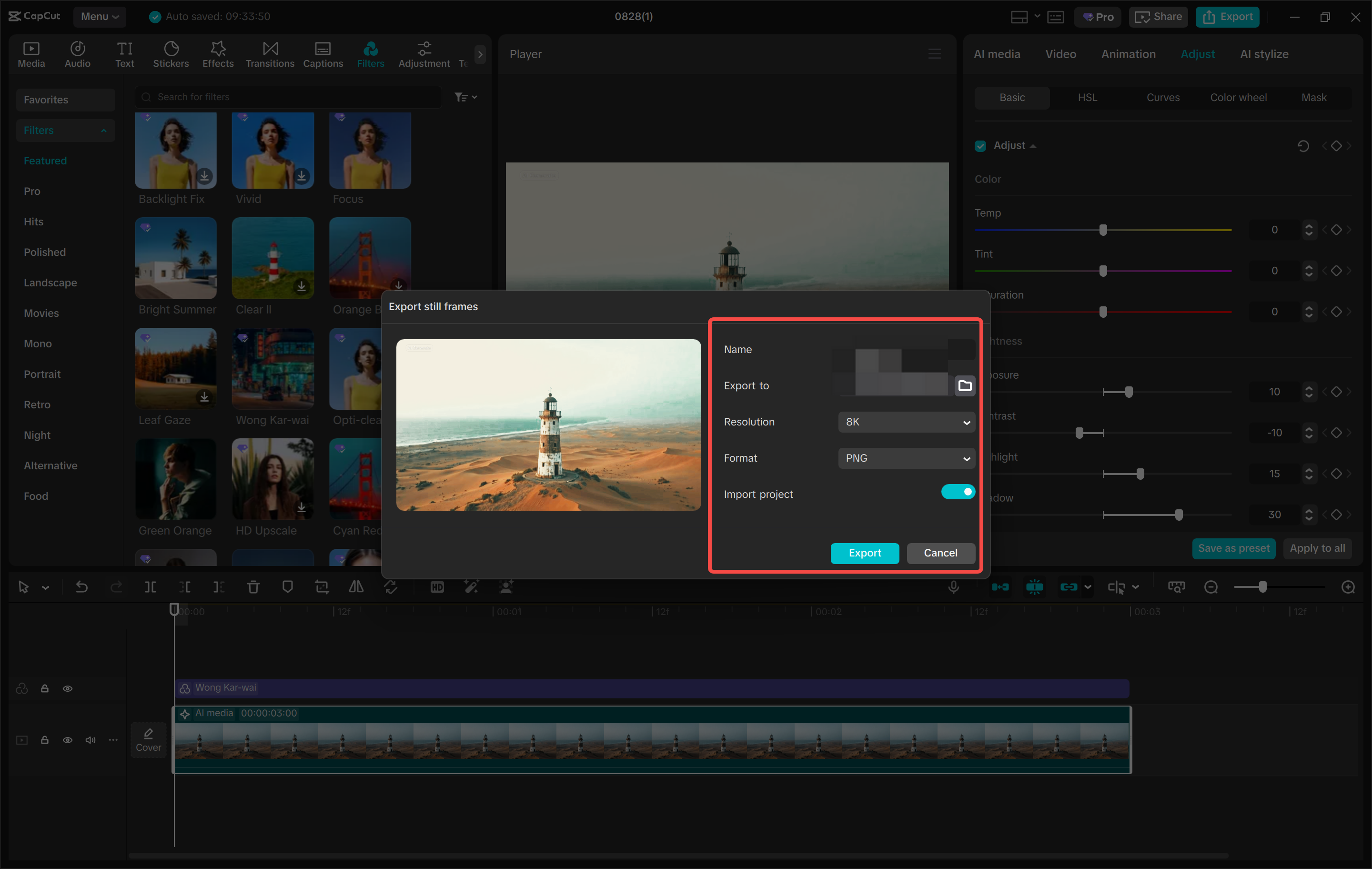 Exporting the image from the CapCut desktop video editor