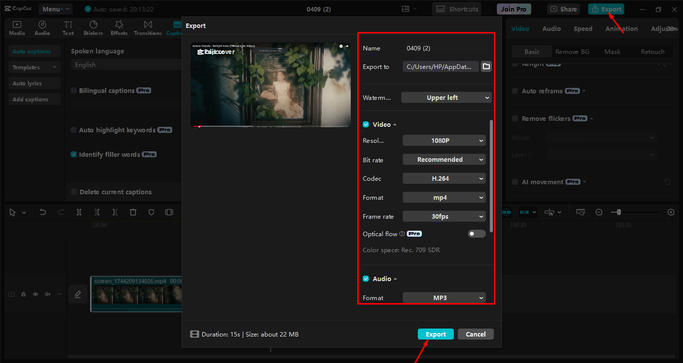 Exportieren der Aufnahme aus dem CapCut Desktop-Video-Editor