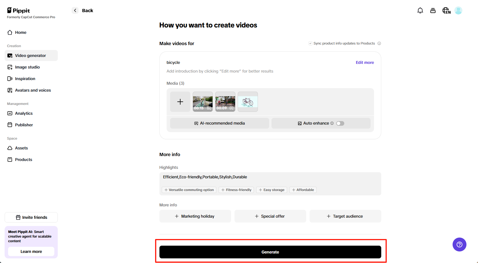 Generate marketing videos