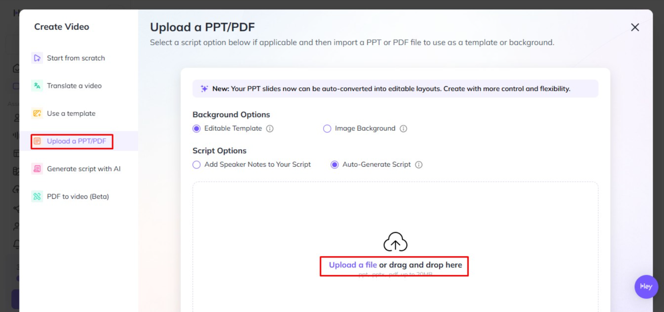Upload your file to convert a PowerPoint to a video