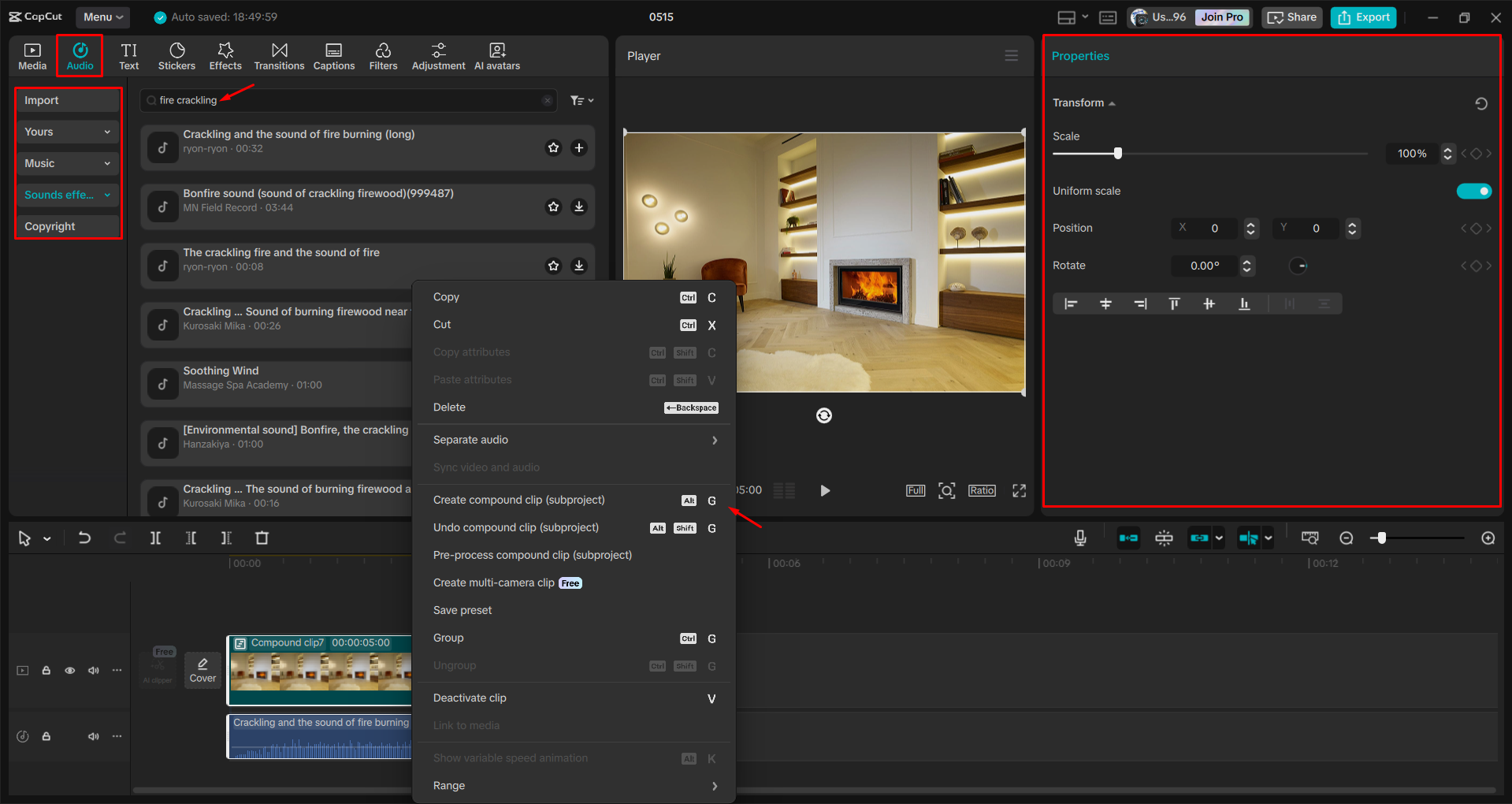Adding a sound effect to a video with the CapCut desktop video editor