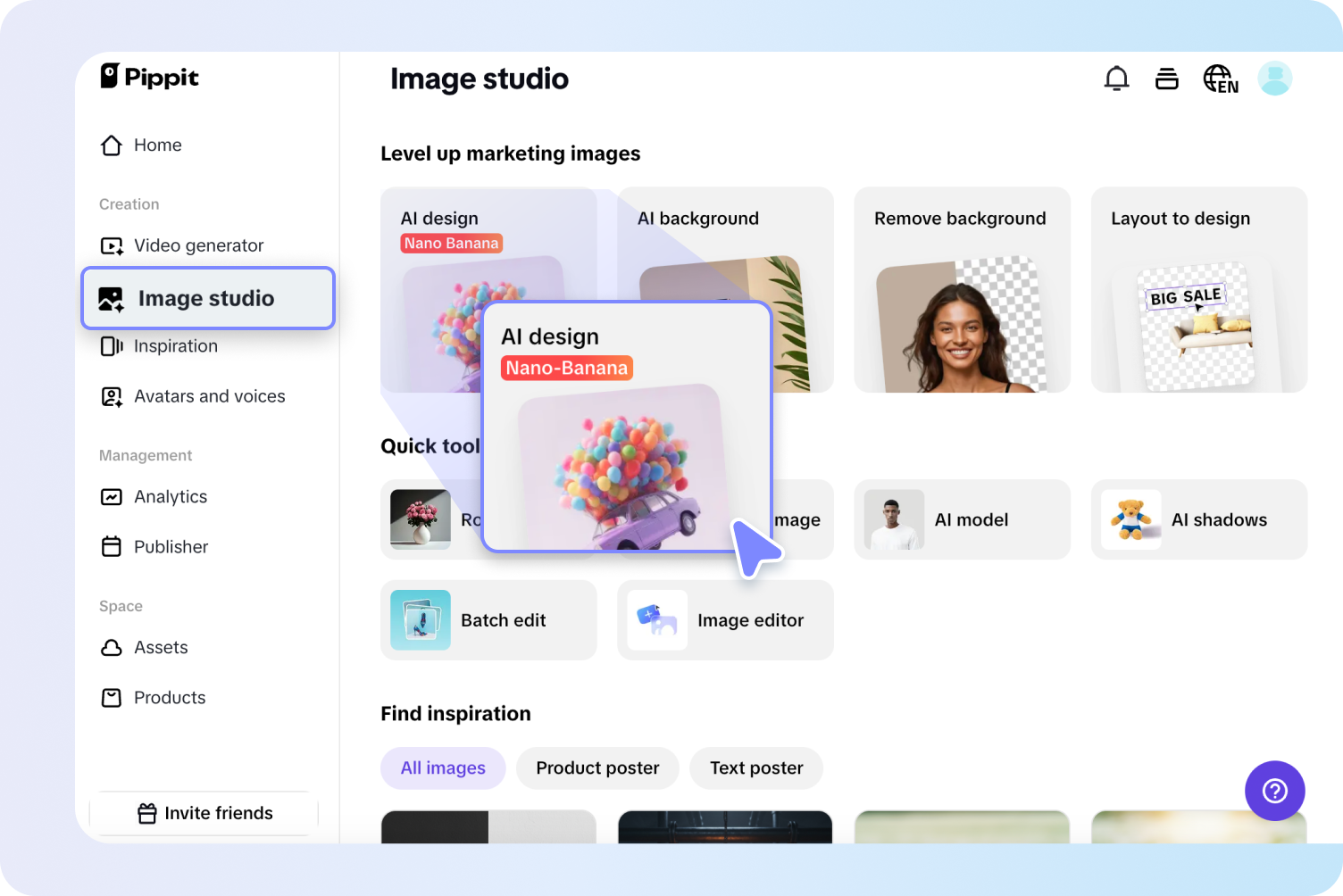 Opening AI design tool in Pippit