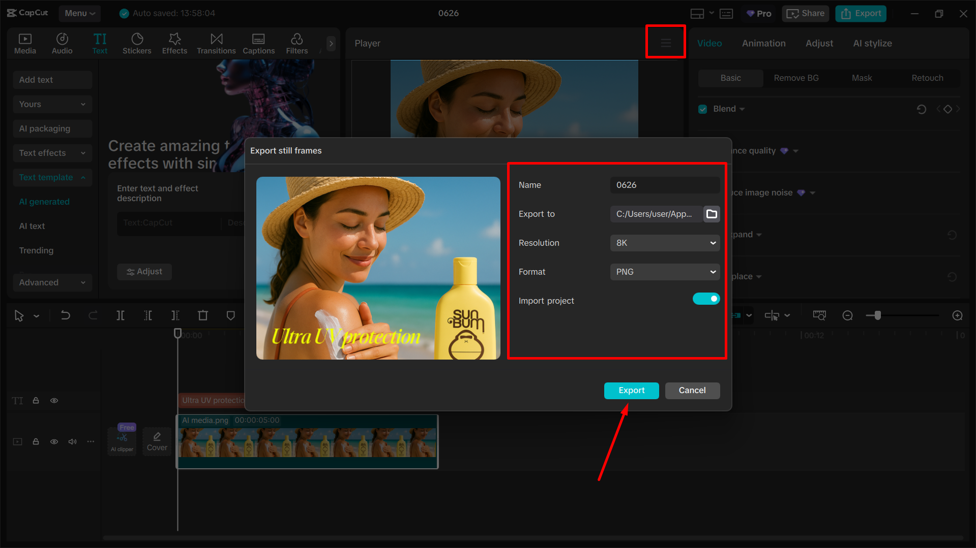 Exportarea imaginii finale din editorul video CapCut desktop