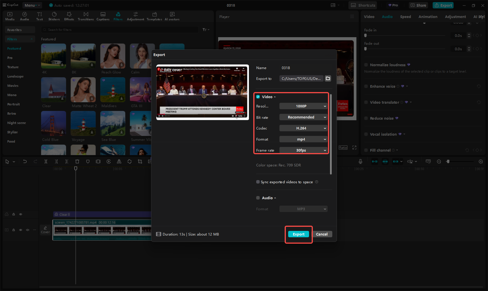 Export the recording