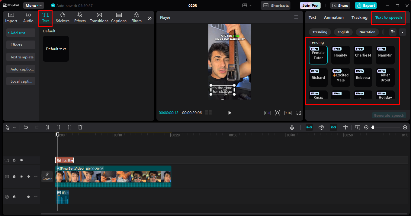 Converting text to speech for Instagram Reels in the CapCut desktop video editor