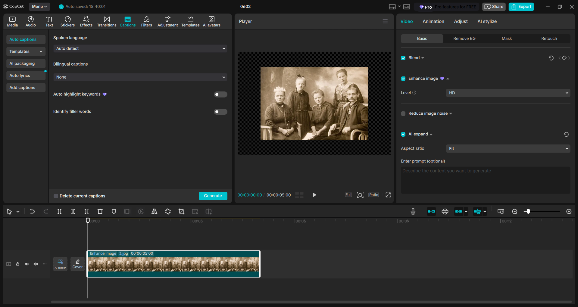 Antarmuka editor video desktop CapCut - salah satu perangkat lunak restorasi foto terbaik