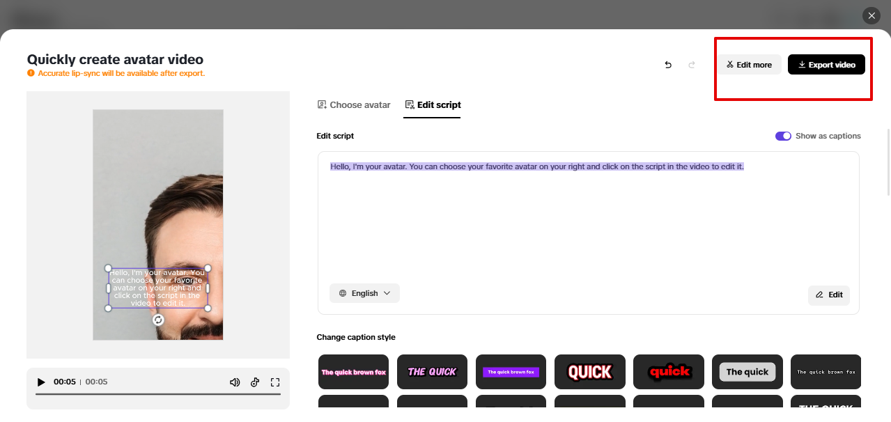 Exporting personal avatar from Pippit