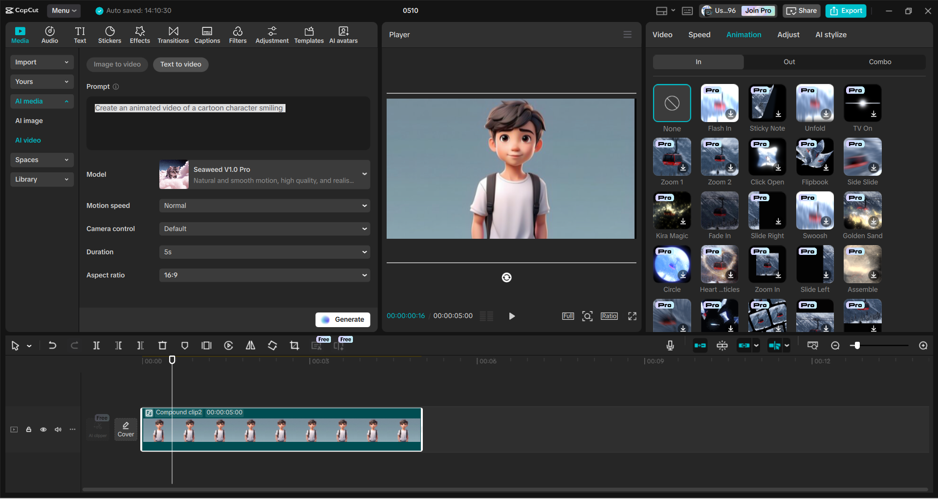 Interfaccia dell' CapCut editor video desktop - un semplice software di animazione di cartoni animati