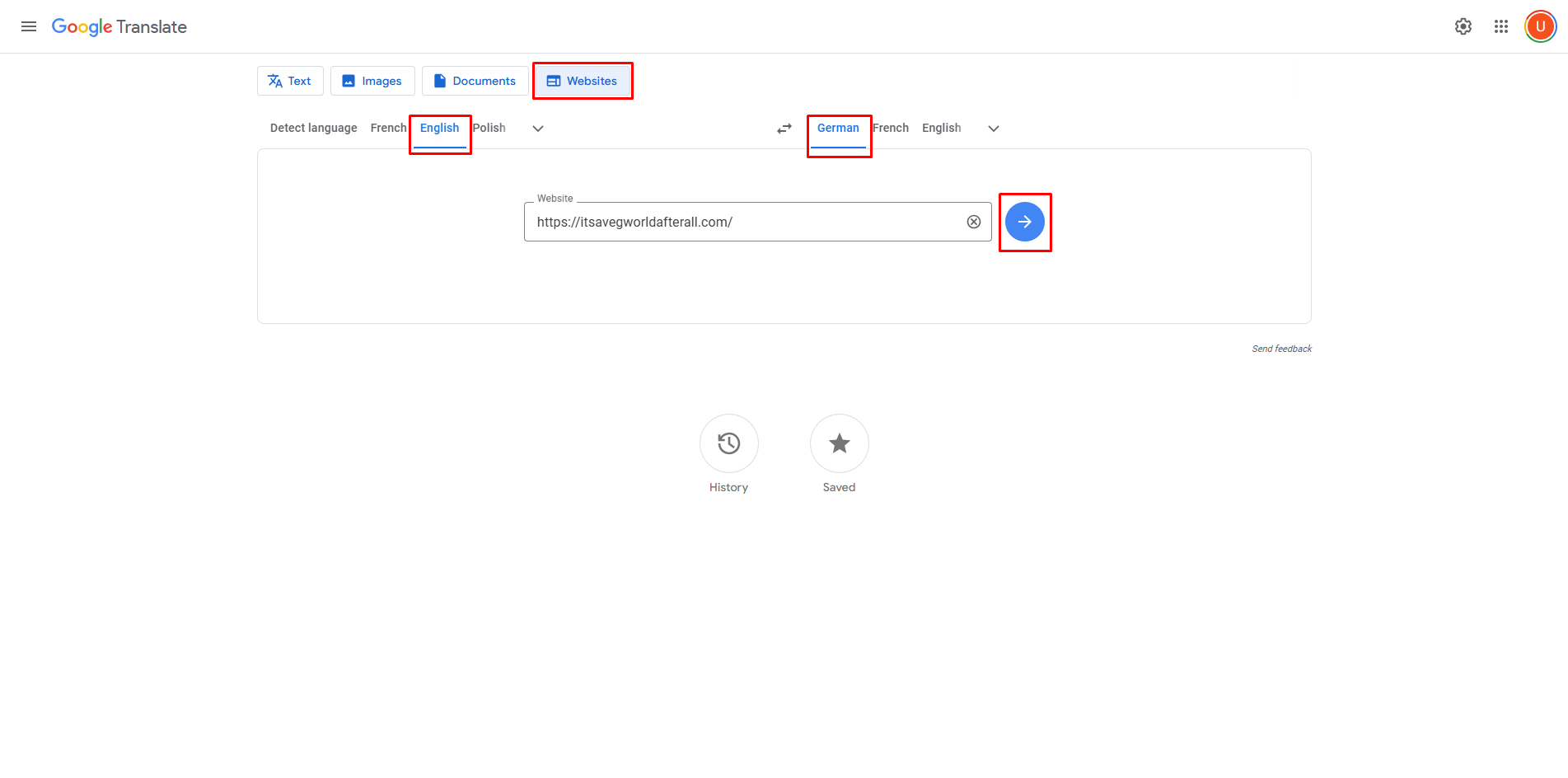 Översätter en engelsk webbplats till tyska med Google Translate