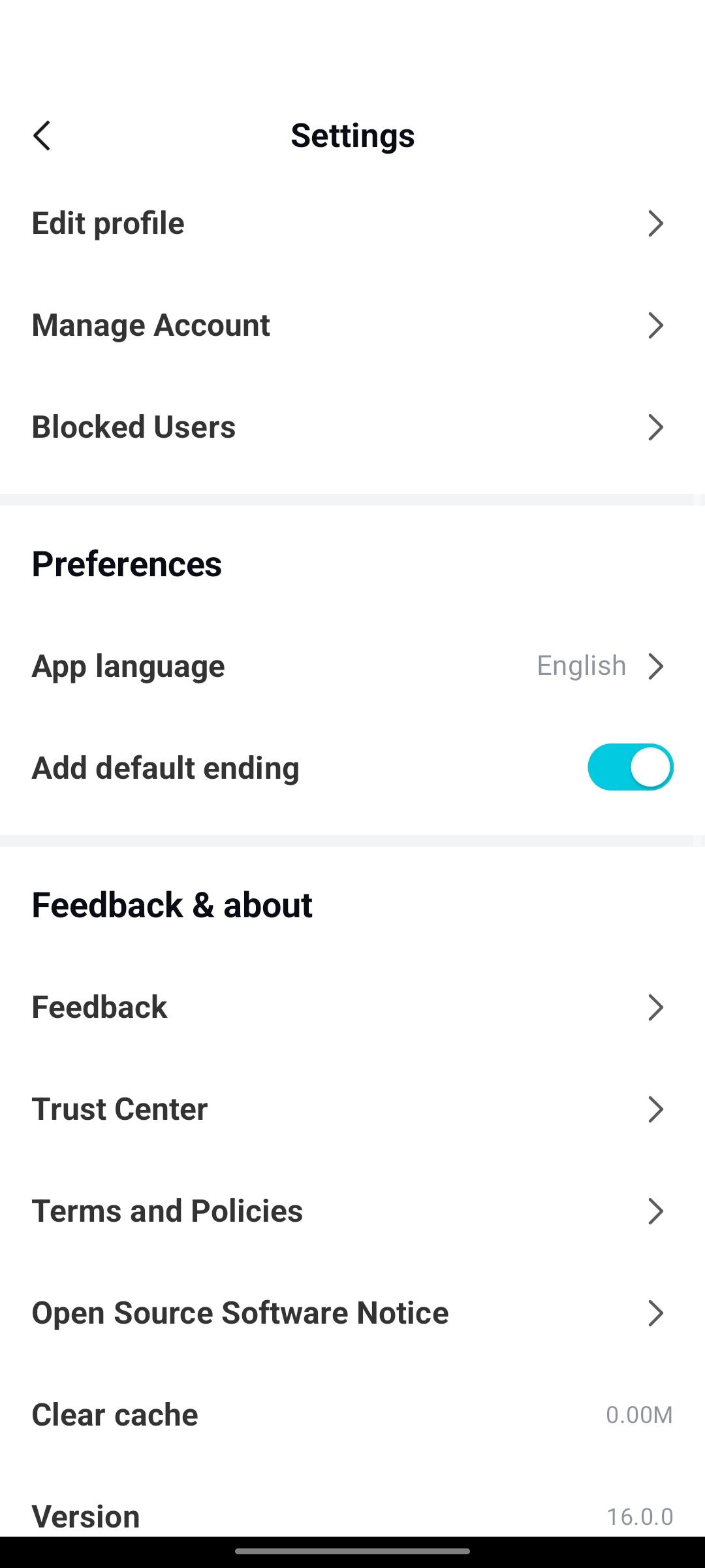 Personal settings interface on the mobile version of CapCut