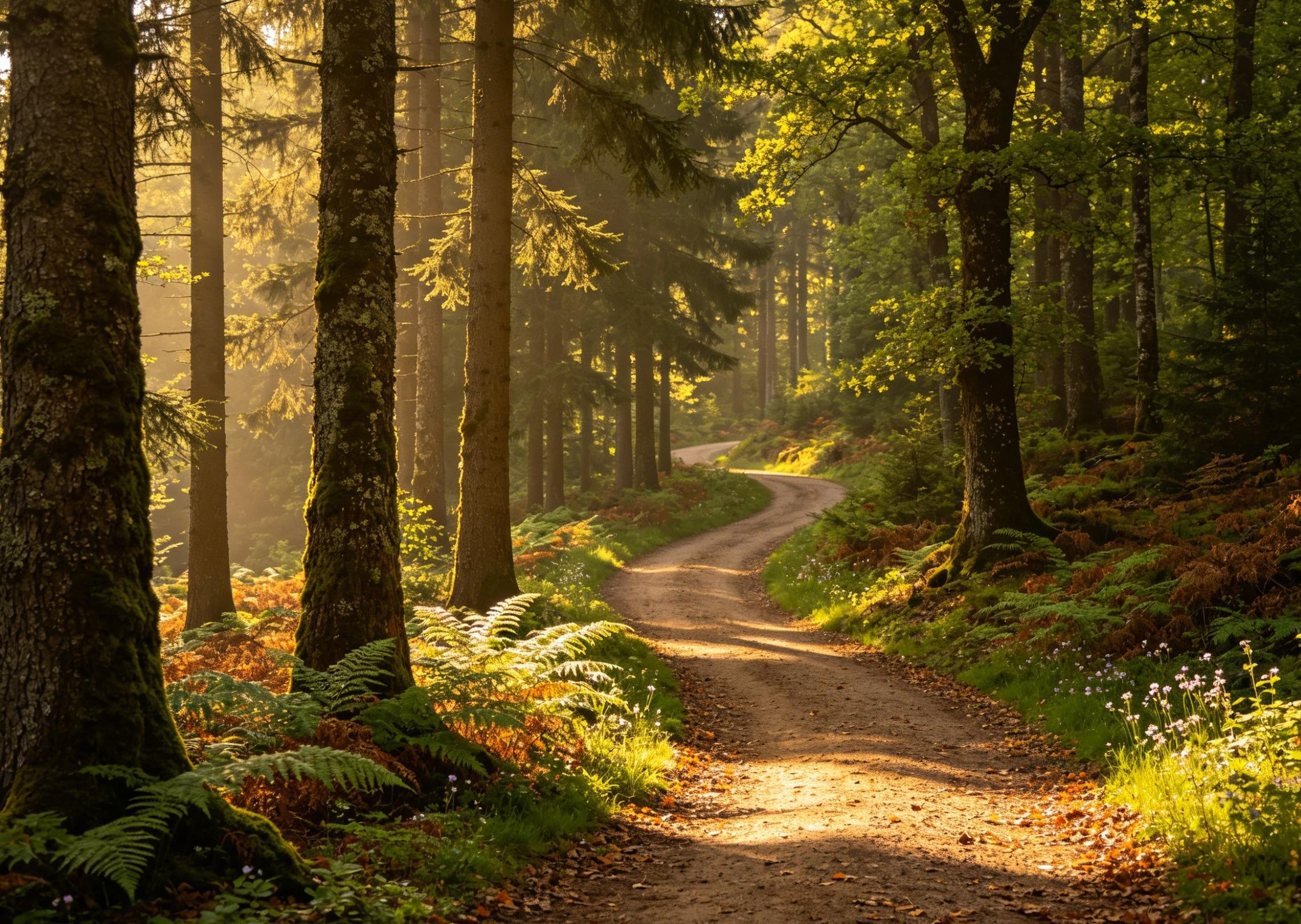 Create a serene forest landscape with a winding path