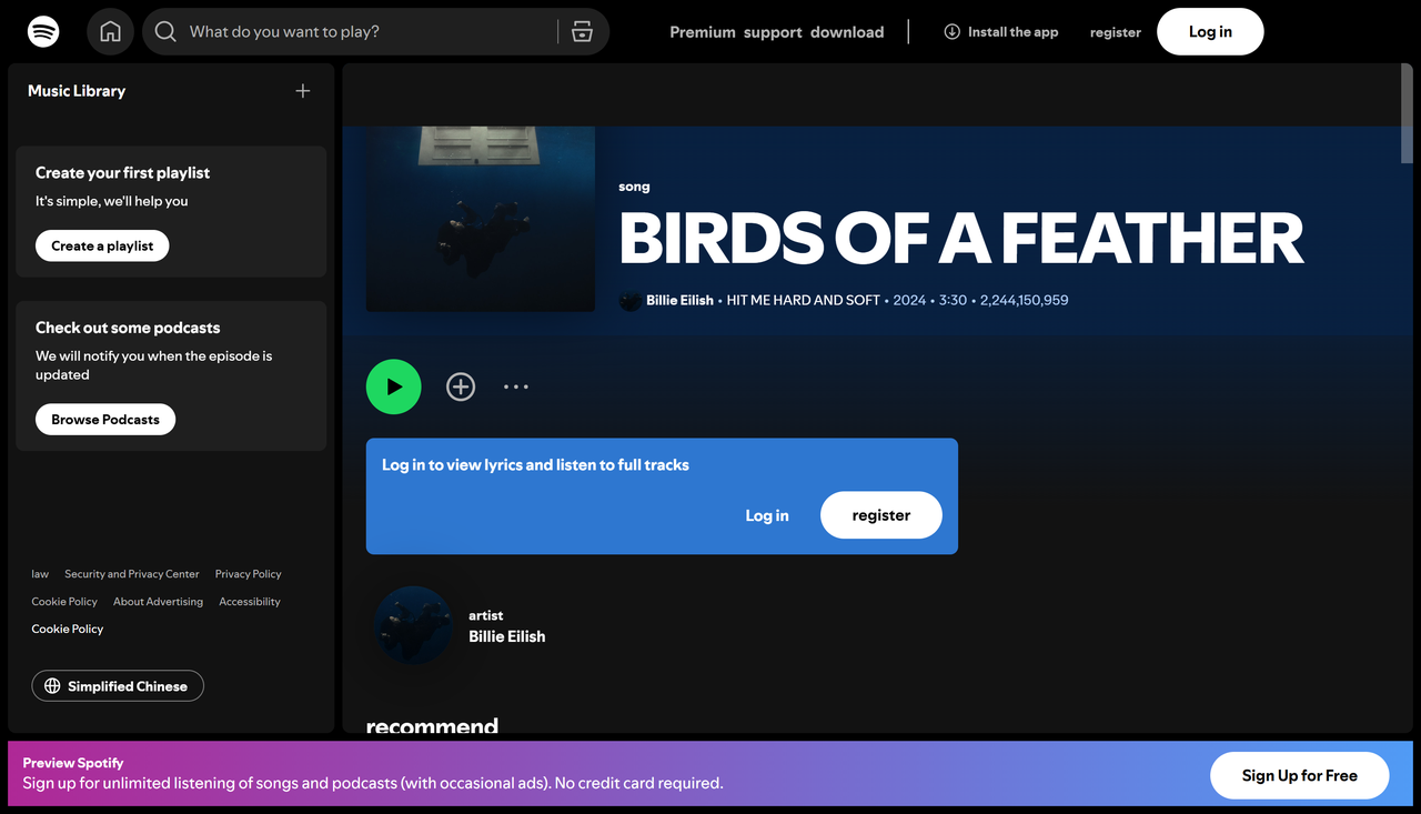 Cover of BIRDS OF A FEATHER - one of the popular songs with a billion streams on Spotify