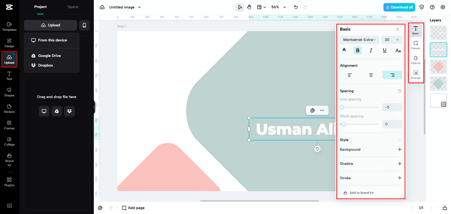 Adding fonts and design elements to a business card in CapCut Web
