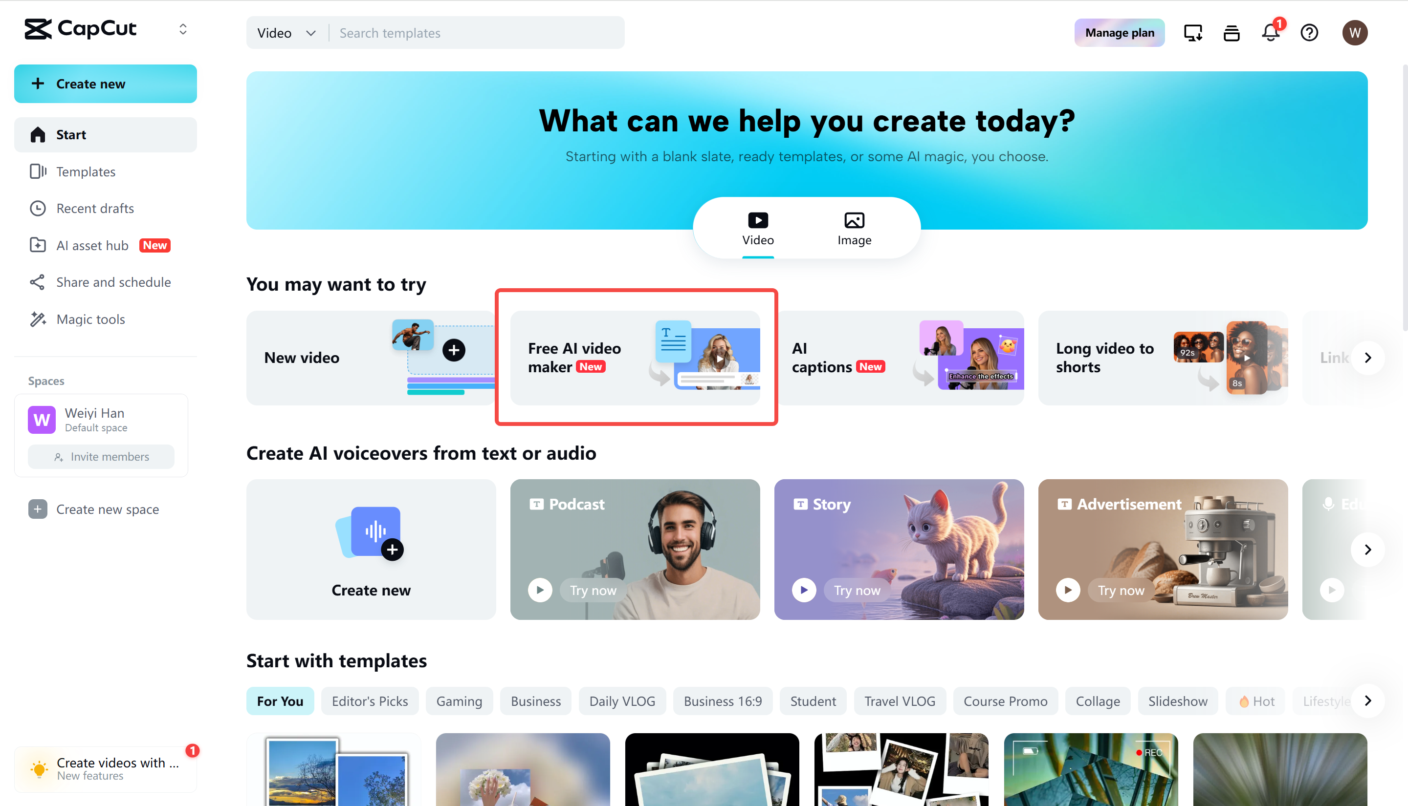 Accessing the AI video maker tool in CapCut Web