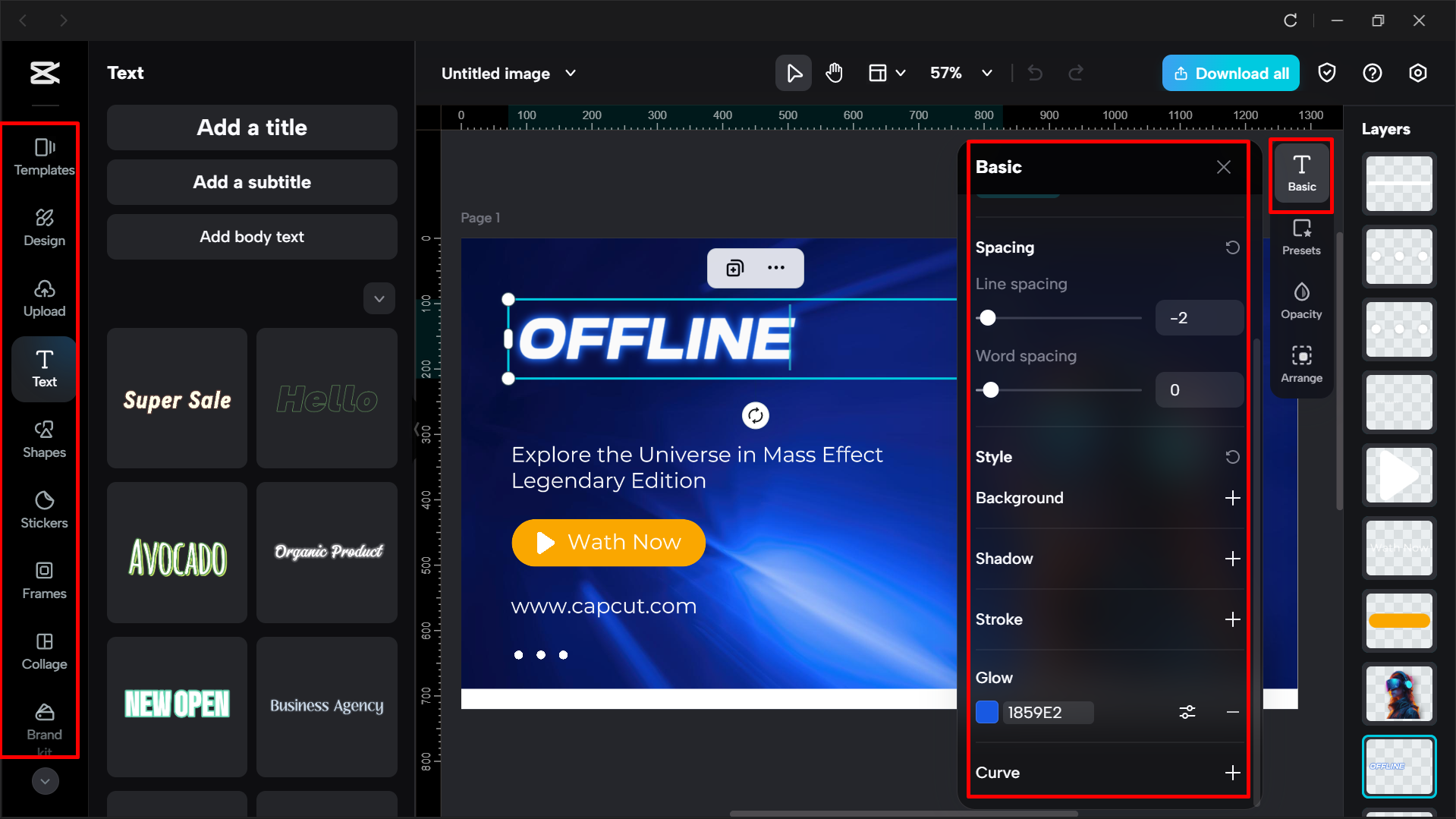 Menyunting templat banner Twitch dalam penyunting video desktop CapCut.
