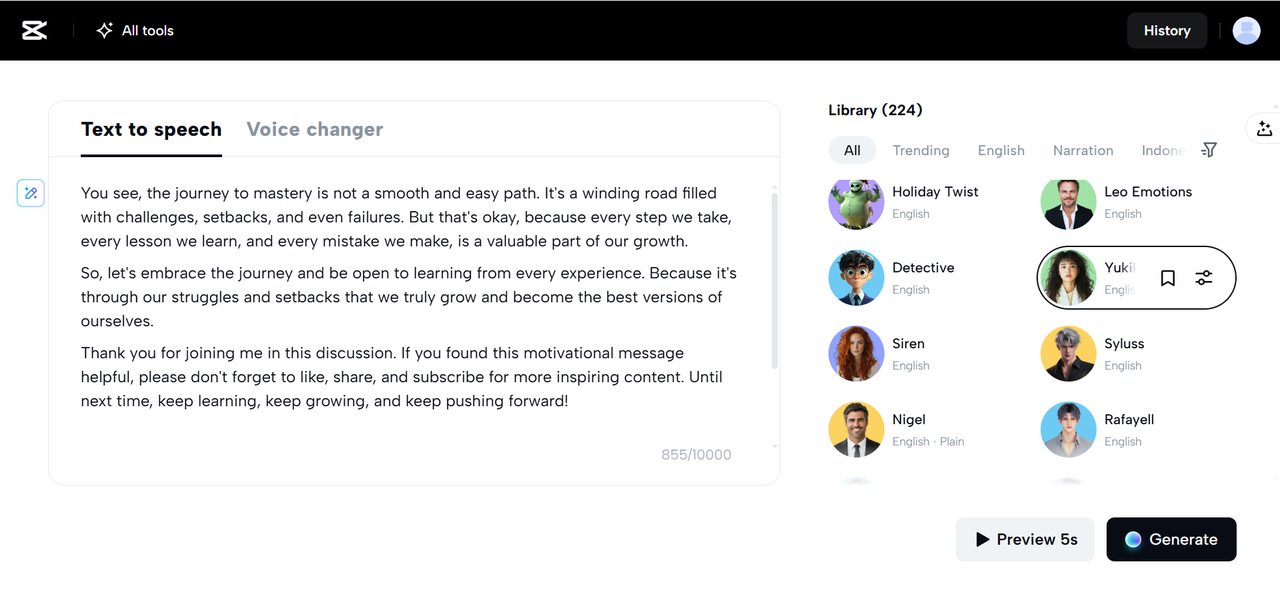 The interface of CapCut Web - the best tool for changing text to speech